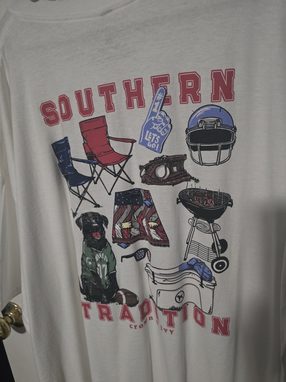 Crown & Ivy White Long Sleeve Graphic Tee with Red and Blue Sports Icons